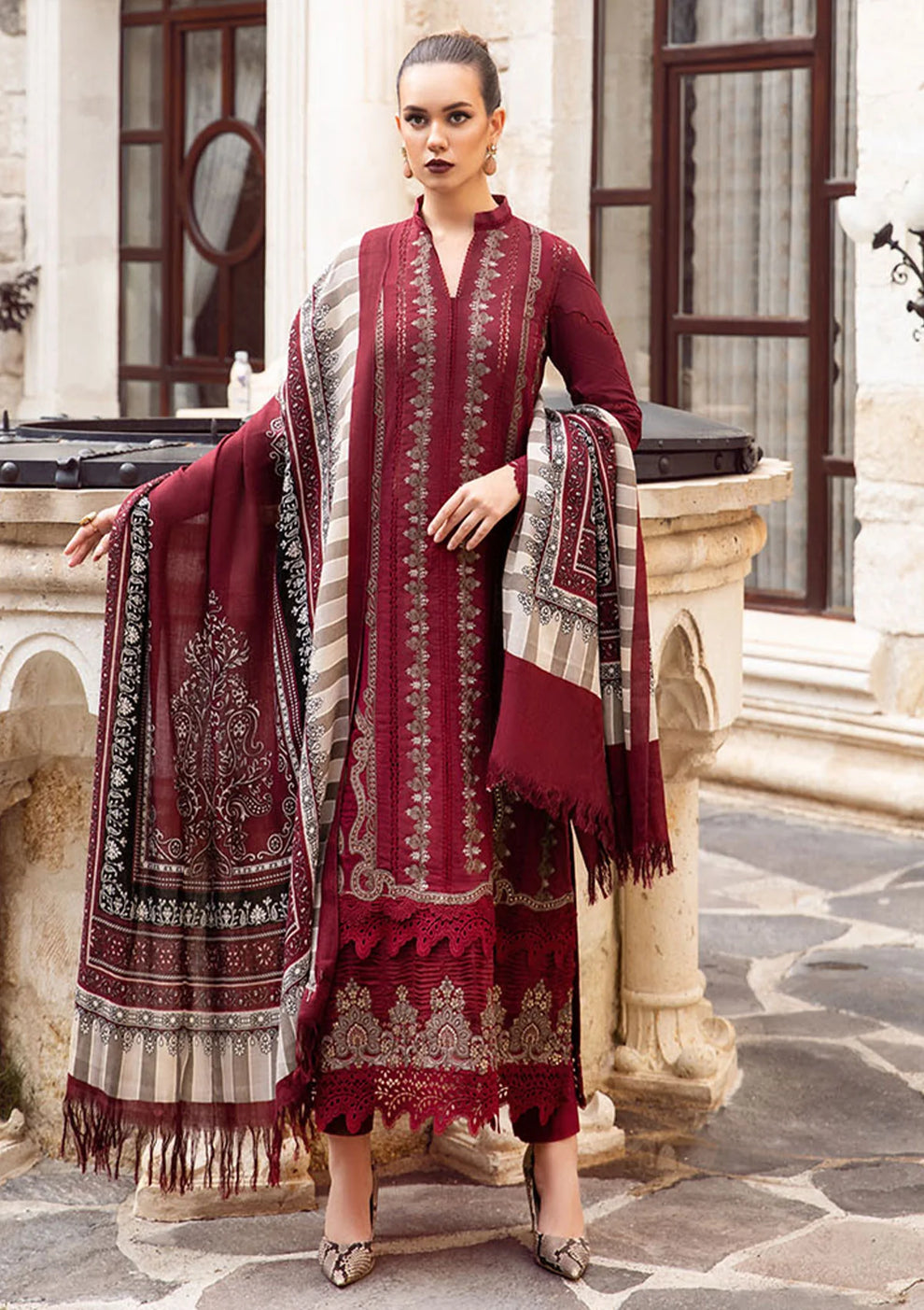 Maria B D # 29-02 | 3pc Dhanak Embroidered Shirt With Printed Wool Shawl