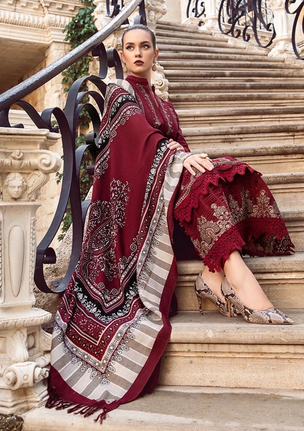 Maria B D # 29-02 | 3pc Dhanak Embroidered Shirt With Printed Wool Shawl