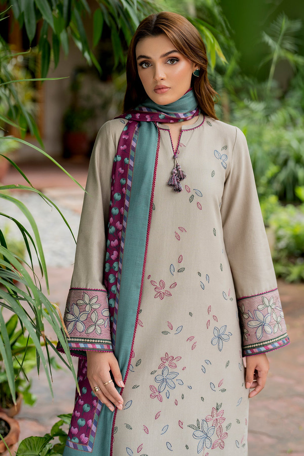 Jazmin D # 239 - 01 | 3pc Luxury Dhanak Embroidered | Wool Print Shawl