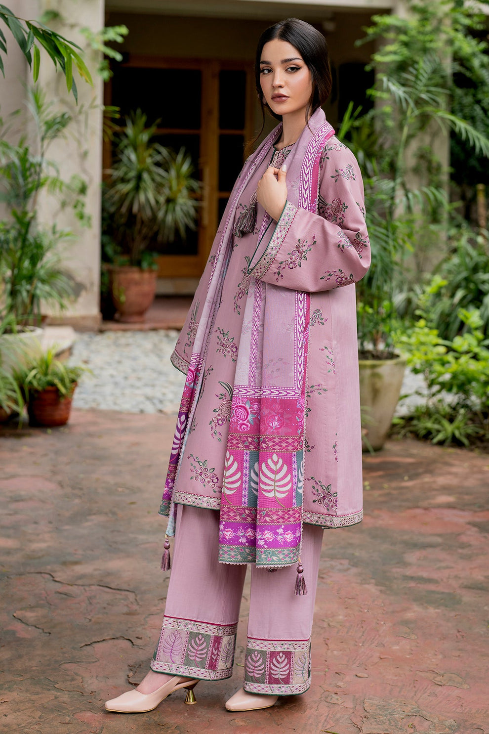 Jazmin D # 242 - 01 | 3pc Luxury Dhanak Embroidered | Wool Print Shawl