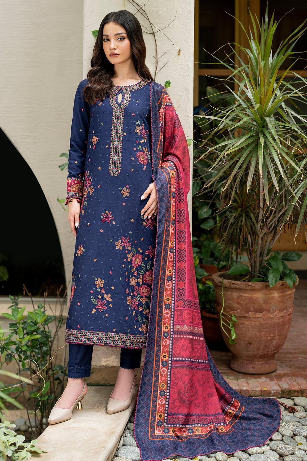 Jazmin D # 241 - 01 | 3pc Luxury Dhanak Embroidered | Wool Print Shawl