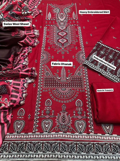 Jazmin D # 27 - 01 | 3pc Dhanak With Couture wool Print Shawl