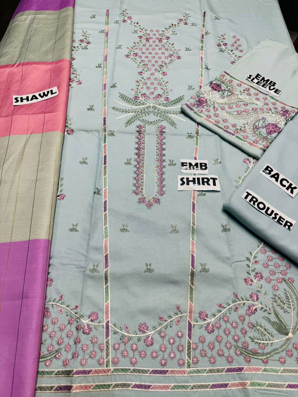 Jazmin D # 245-01 | 3pc Dhanak Embriodered Shirt with Dhanak Printed Dupatta