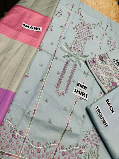 Jazmin D # 245-01 | 3pc Dhanak Embriodered Shirt with Dhanak Printed Dupatta