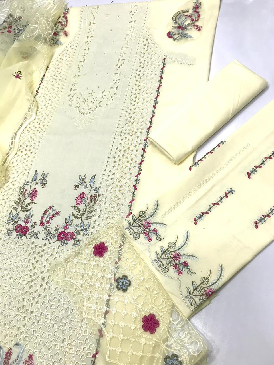 Qalamkar D # 200 - 01 | 3PC Luxury Chickenkari Lawn | Organza Heavy Embroidered Ready To Wear Dupatta