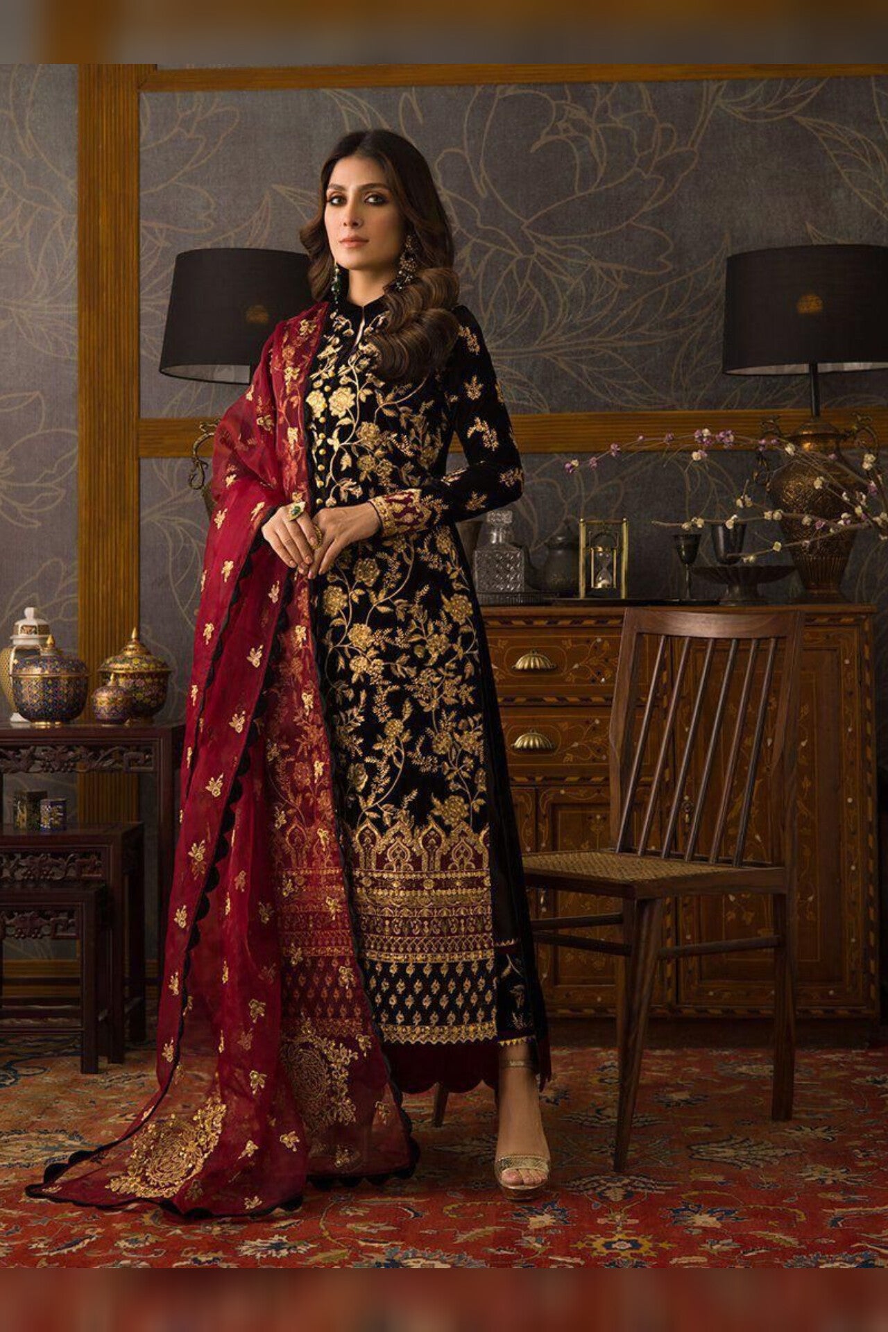 Zainab Chottani D # 375 - 03 | 3pc Luxury Velvet | Embroidered Organza Dupatta