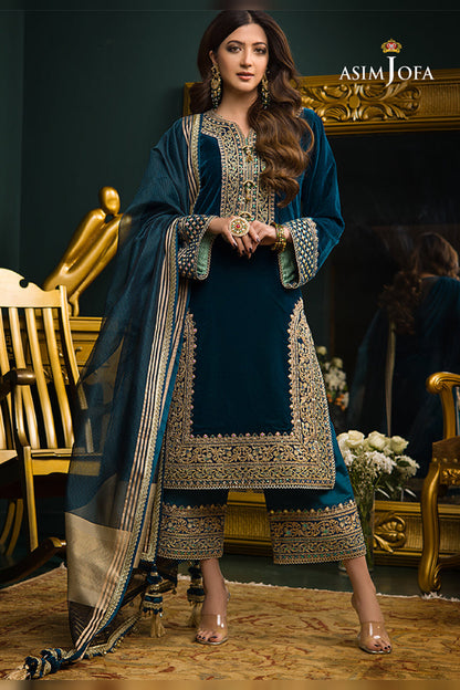 Asim Jofa D # 375 - 02 | 3pc Luxury Velvet |Embroidered Organza Dupatta