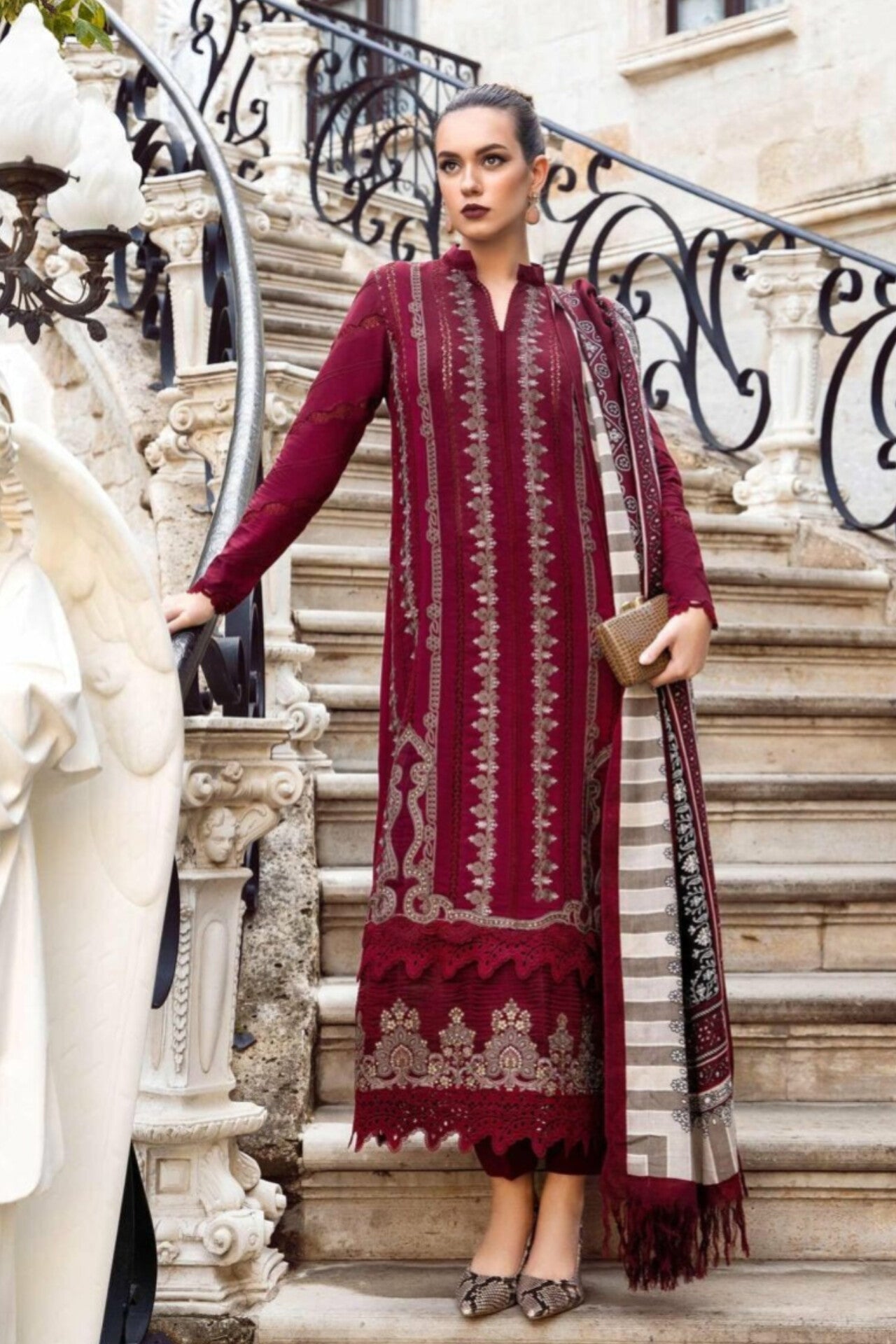 Maria B D # 29-02 | 3pc Dhanak Embroidered Shirt With Printed Wool Shawl