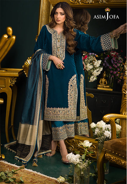 Asim Jofa D # 375 - 02 | 3pc Luxury Velvet |Embroidered Organza Dupatta