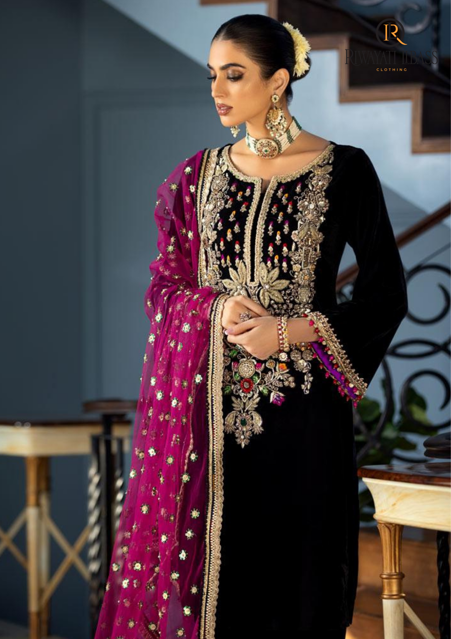 Zainab Chotani D # 375 - 14 | 3pc Luxury Velvet | Embroidered Organza Brosha Dupatta