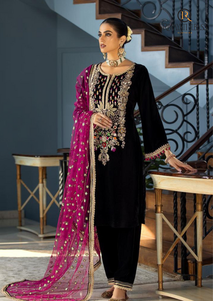 Zainab Chotani D # 375 - 14 | 3pc Luxury Velvet | Embroidered Organza Brosha Dupatta