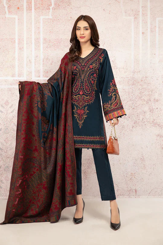 Maria B D # 252 - 01 | 3pc Luxury Embroidered Dhanak | Wool Print Shawl