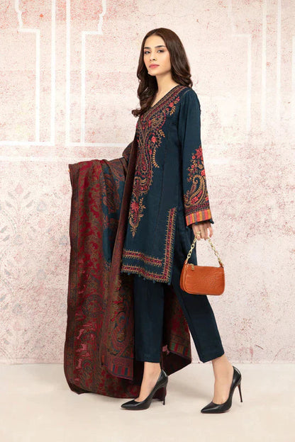 Maria B D # 252 - 01 | 3pc Luxury Embroidered Dhanak | Wool Print Shawl